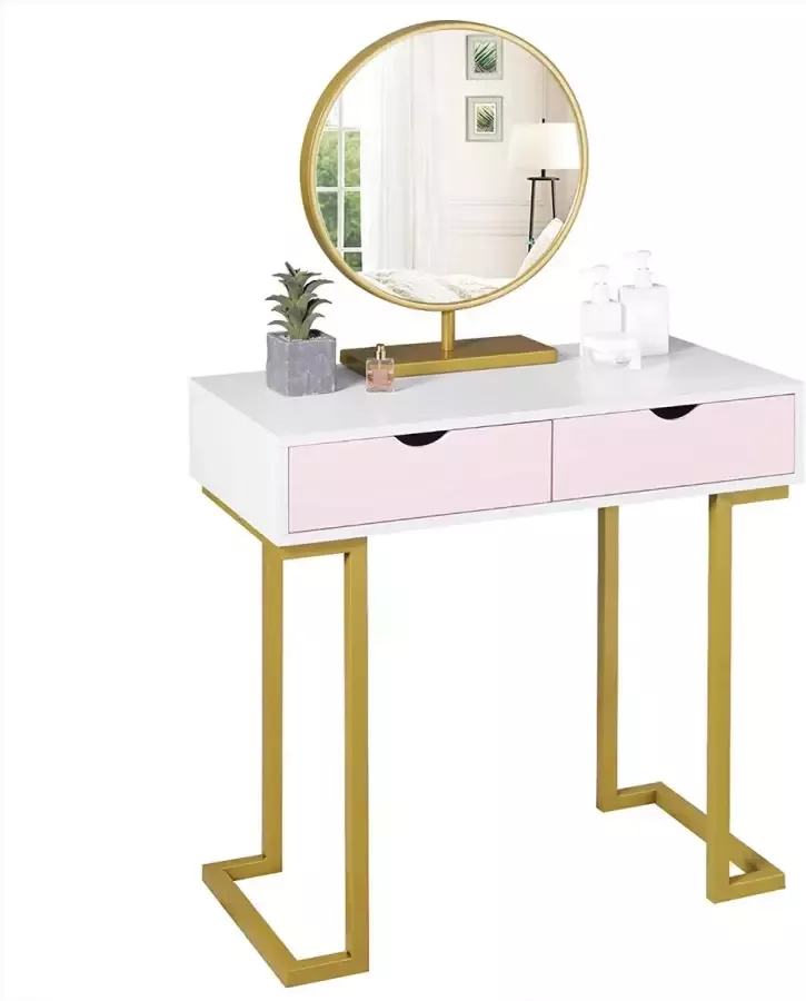 CGPN Kaptafel kaptafel met spiegel ladekast met 2 grote lades modern wit + roze + goud 40x132x80cm (B x H x L)