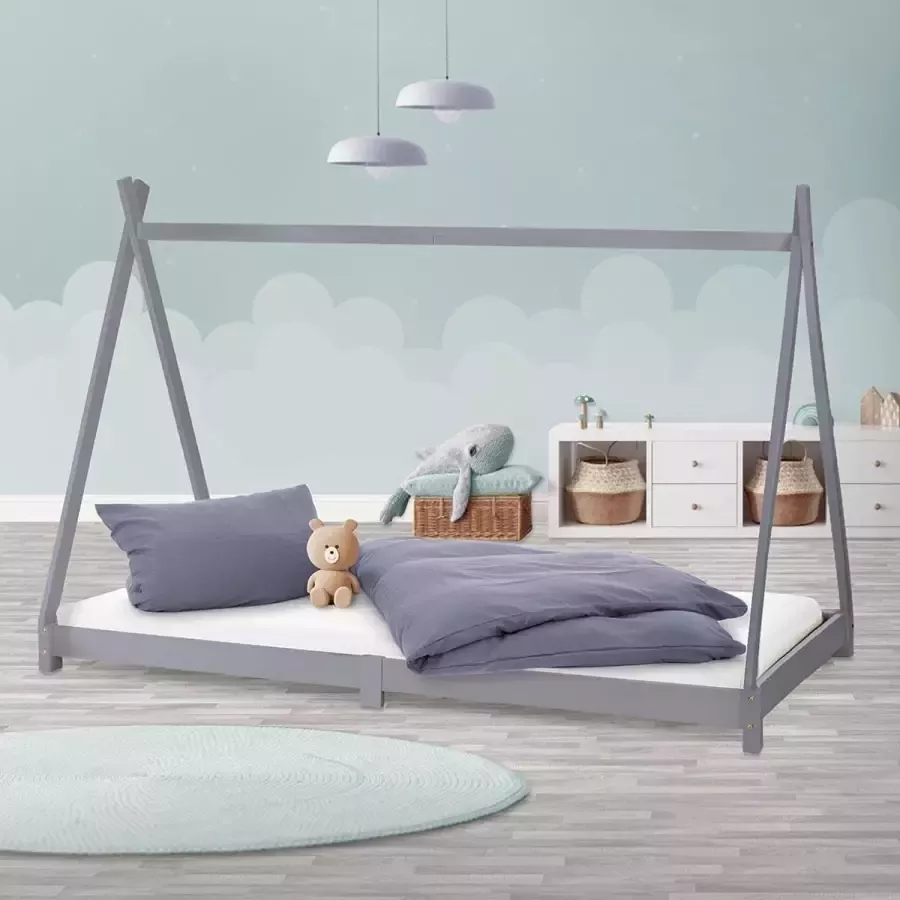 CGPN Kinderbed Tipi 90 x 200 cm met Lattenbodem Lichtgrijs Indisch Bed Massief Houten Thuisbed voor Meisjes en Jongens Kids Home Jeugdbed Houten Bed