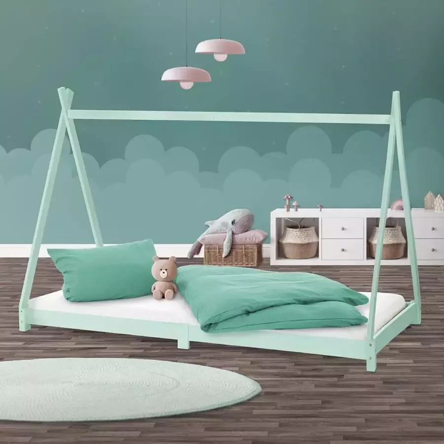 CGPN Kinderbed Tipi 90 x 200 cm met lattenbodem Mint Indisch bed Massief houten bed Thuisbed voor meisjes en jongens Kids Home Jeugdbed Houten bed Speelbed Bedframe Tenthout