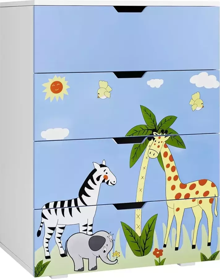 CGPN Kinderkast met 4 lades Opbergkast voor kinderen Vloerstandaard Nette organizer van hout met giraf geschilderd voor slaapkamer Woonkamer 60×40×83.5cm