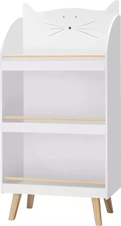 CGPN kinderrek boekenkast voor kinderkamers speelgoedrek met 3 planken stevige opbergplank in de vorm van een kat in MDF en grenenhout 60 x 29 x 121 cm wit