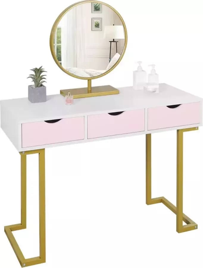 CGPN Make-uptafel kaptafel ladekast met spiegel moderne kaptafel met 3 lades wit + roze + goud 40 x 132 x 100 cm (B x H x L)