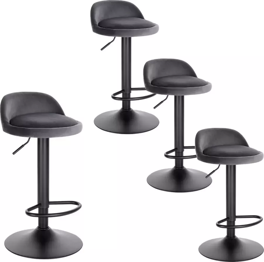 CGPN set van 4 360 graden draaistoel barstoel met rugleuning voetensteun 120 kg belasting in hoogte verstelbaar (61-82 cm) fluweel metaal donkergrijs