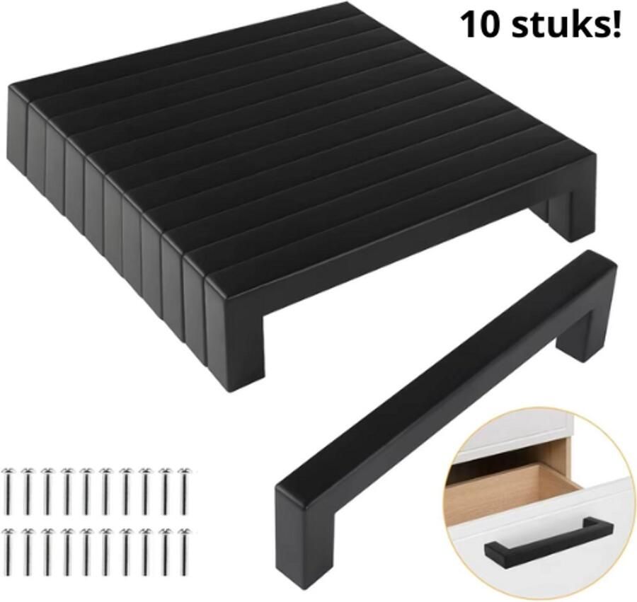 Cheaplys Handgreep Zwart Vierkant – 128mm Hartafstand – Mat Zwart Keukengreep – Moderne Meubelgreep – Deurgrepen Kastgrepen – RVS Look – Inclusief Schroeven 10 Stuks