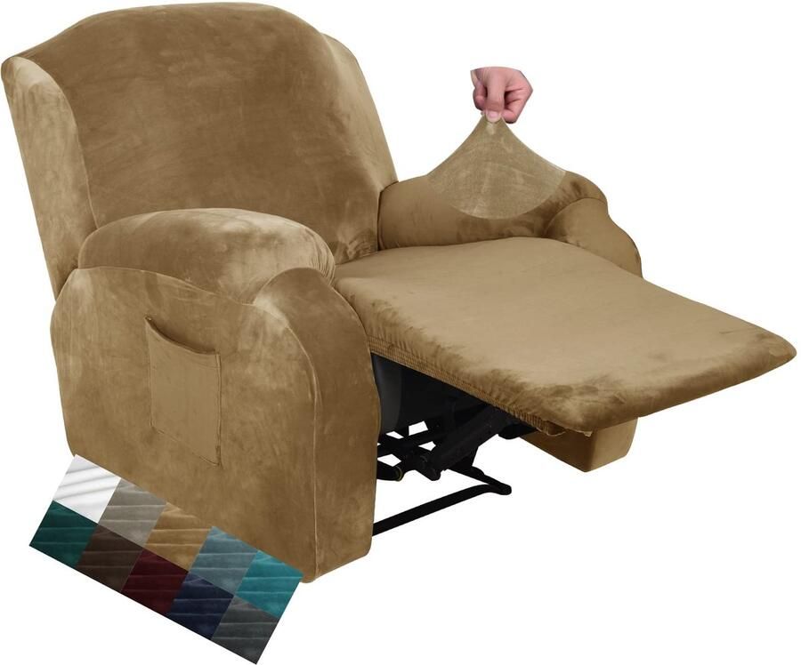 CHELZEN Fluwelen 4-delige fauteuilhoes Stretch pluche zachte hoes voor fauteuil Dikke zachte fauteuil hoes met zijvak (kameel)