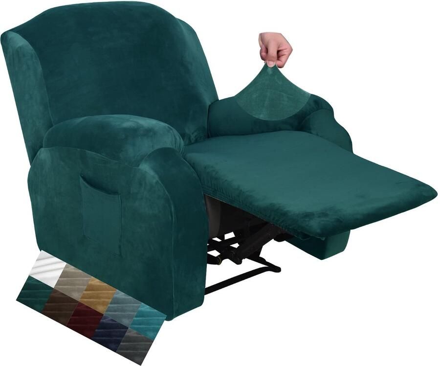 CHELZEN Fluwelen 4-delige fauteuilhoes Stretch pluche zachte hoes voor fauteuil Dikke zachte fauteuil hoes met zijvak (zwart groen)