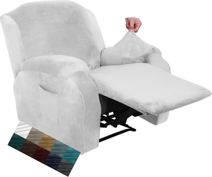 CHELZEN Fluwelen 4-delige fauteuilhoes Stretch pluche zachte hoes voor fauteuil Dikke zachte fauteuil hoes met zijvak (wit)