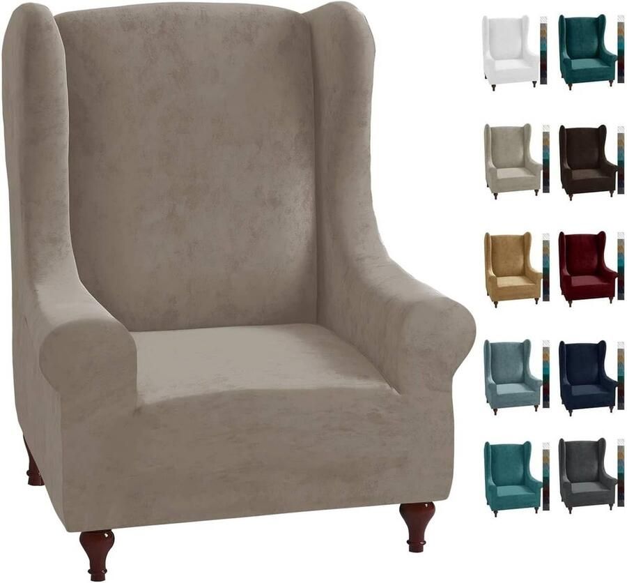 CHELZEN Stretch Velvet Wingback-stoelhoes 1-delig Zacht stijlvol pluche Hoes voor Wingback-stoelen met elastische onderkant (kaki)