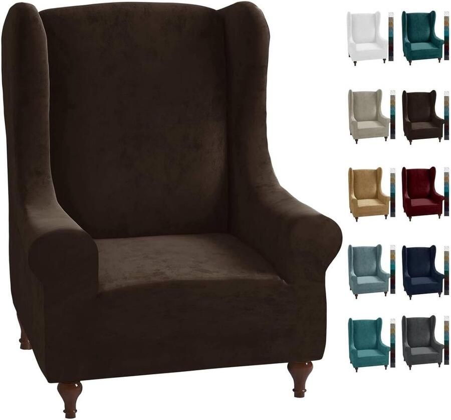 CHELZEN Stretch Velvet Wingback-stoelhoes 1-delig Zacht stijlvol pluche Hoes voor Wingback-stoelen met elastische basis (donkere koffie)
