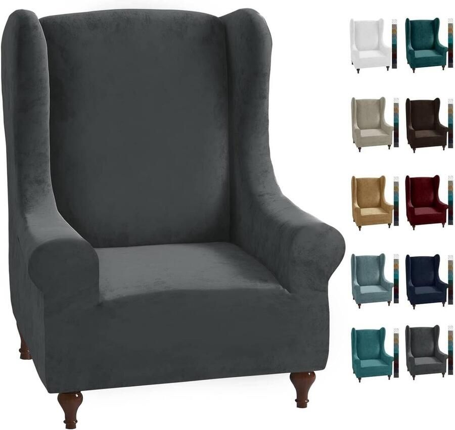 CHELZEN Stretch Velvet Wingback-stoelhoes 1-delig Zacht stijlvol pluche Hoes voor Wingback-stoelen met elastische basis (grijs)