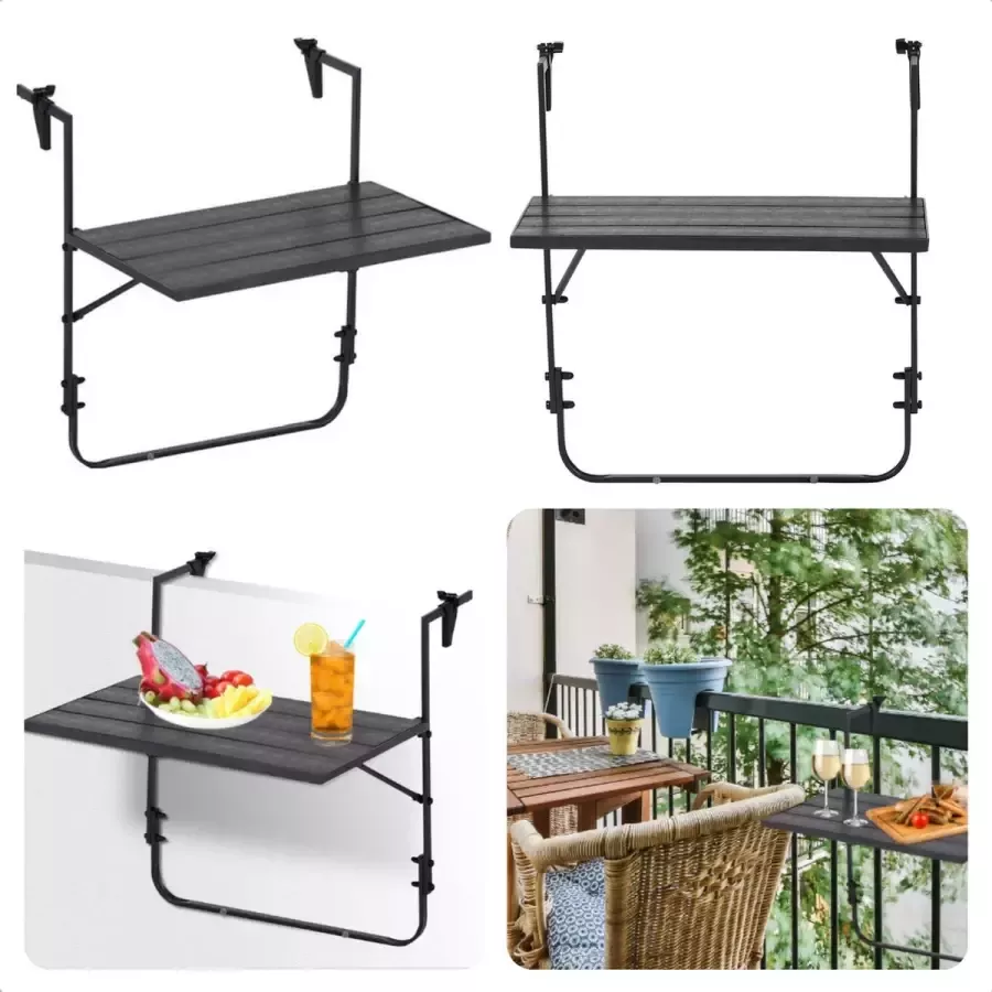 Cheqo Balkontafel Tafel voor Balkon Polywood 59x40cm Metaal Antraciet Duurzaam Stijlvol Simpele Bevestiging Ruimtebesparend Default Title