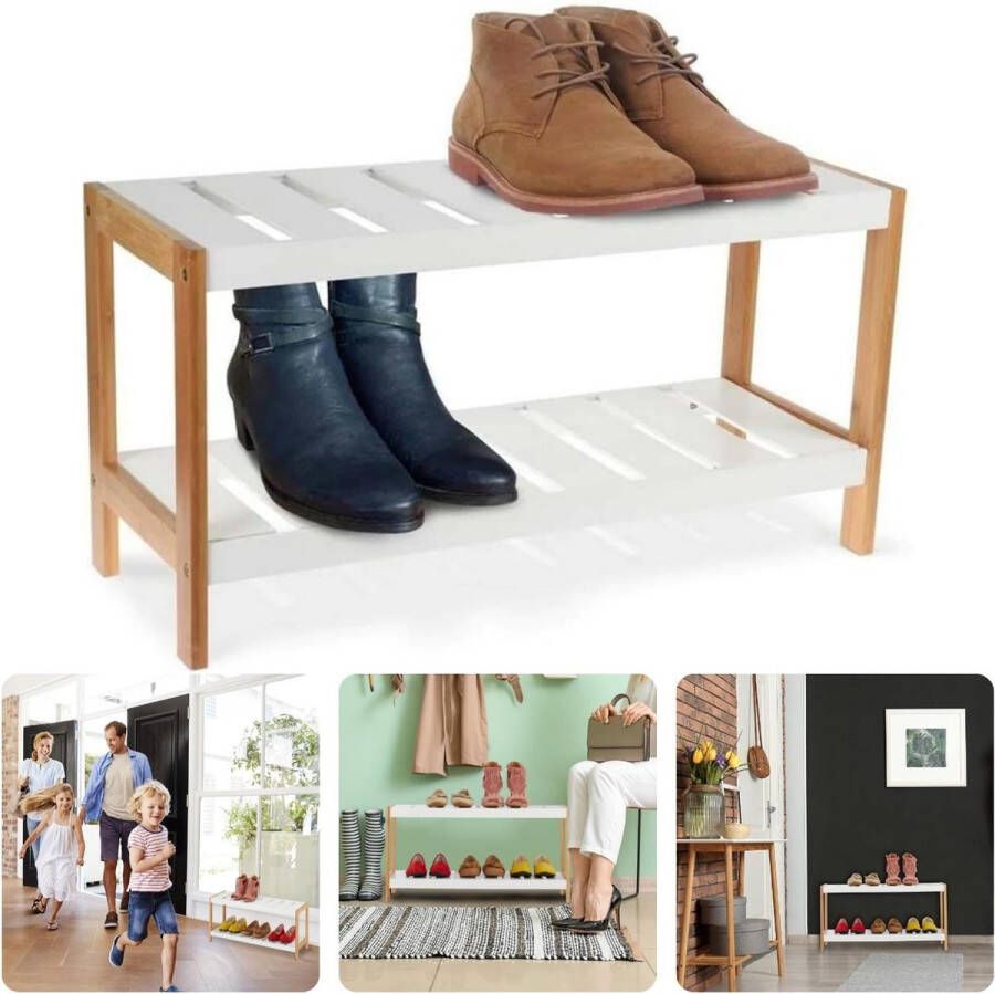 Cheqo Bamboe Schoenenrek Opbergoplossing voor Schoenen Snelle Montage Meerdere Lagen 70 x 26 x H36 cm MDF Hout Gangkastje Schoenenkast Voor 4-6 Paar Stijlvol Design