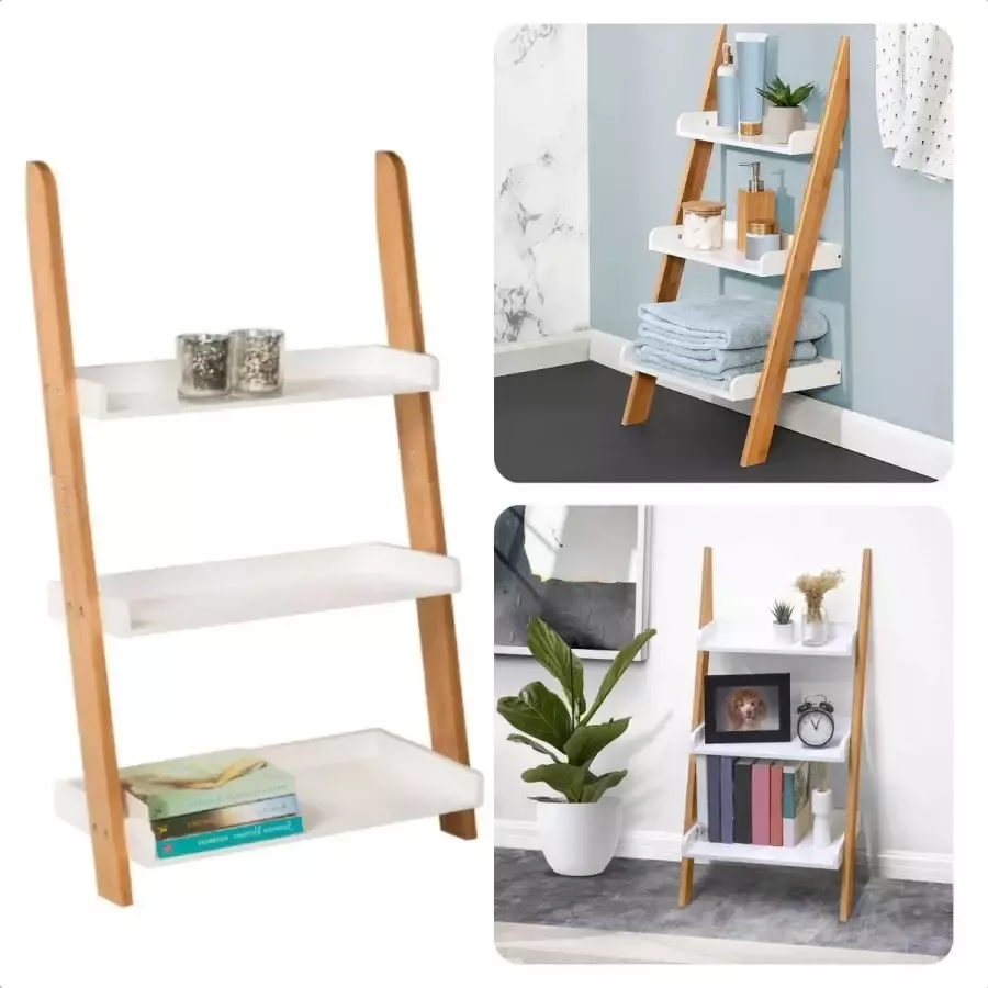 Cheqo Bamboe Wandrek met 3 Schappen 54x35x78cm Wit Gelakt MDF 25 30 35cm Diepte 6kg Default Title