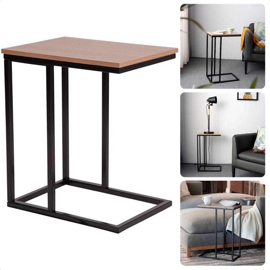 Banktafeltje Bijzettafel Banktafel Nachtkastje Tafeltje Metaal Frame & MDF-Melamine Top 40x26xH58cm Donkerbruin en Zwart Inclusief EBOOK