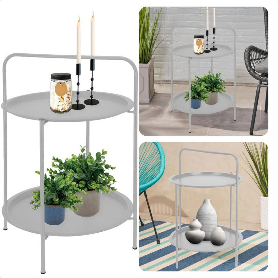 Bijzettafel 50 cm Metaal (gepoedercoat) Mat licht grijs 66 cm Hoogte 2 Verdiepingen Tafeltje Tuintafel Bijzettafel voor Binnen en Buiten Nachtkastje Inclusief EBOOK