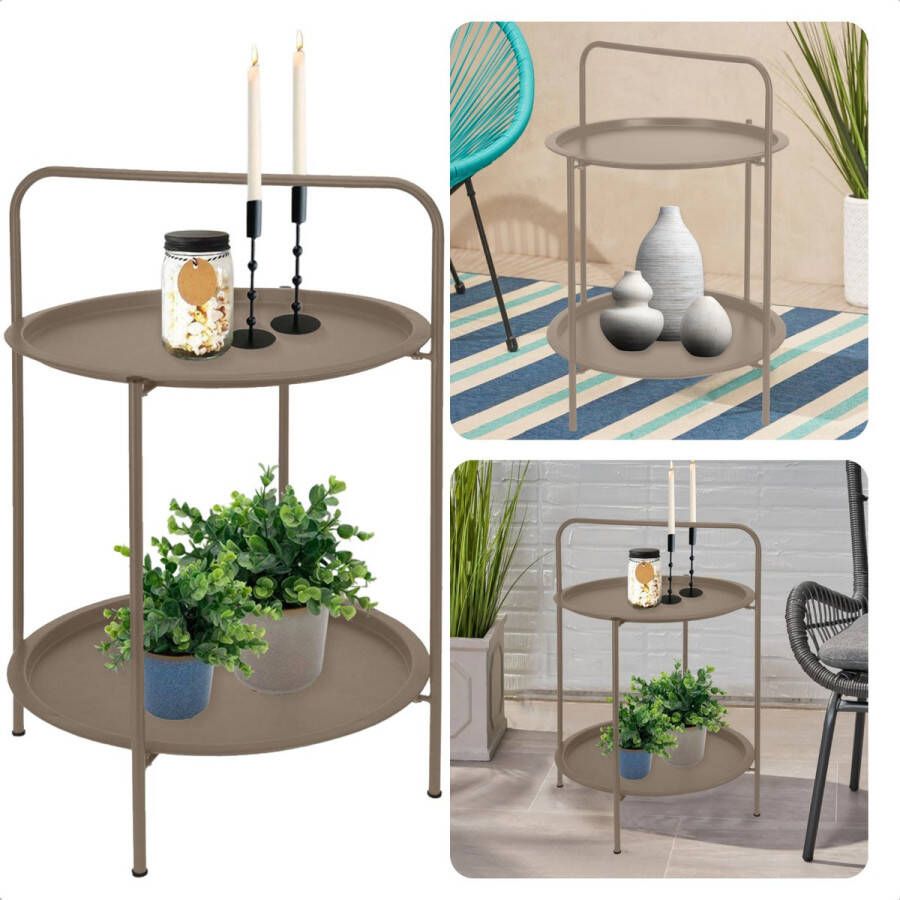 Bijzettafel 50 cm Metaal (gepoedercoat) Mat Taupe 66 cm Hoogte 2 Verdiepingen Tafeltje Tuintafel Bijzettafel voor Binnen en Buiten Nachtkastje Inclusief EBOOK
