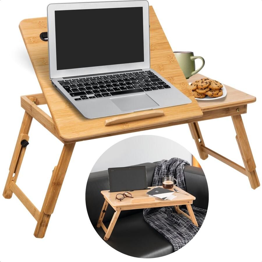Cheqo Bamboe Laptoptafel Ontbijt op Bed Bedtafel Laptopstandaard Laptop Tafel Verstelbaar & Ergonomisch Ideaal voor Bed & Bank Opvouwbaar Design Inclusief EBOOK