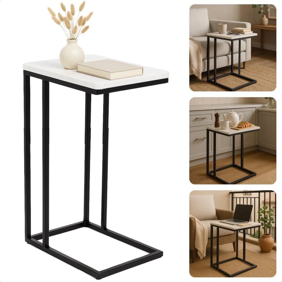 Cheqo Bijzettafel Bedtafel Laptoptafel Banktafel Bijzettafeltje Salontafel Bijzet Tafel Metaal Marmeren MDF Tafelblad Kleine Moderne Tafel Wit
