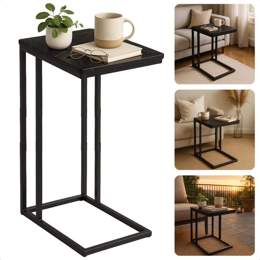 Cheqo Bijzettafel Bedtafel Laptoptafel Banktafel Bijzettafeltje Salontafel Bijzet Tafel Metaal Marmeren MDF Tafelblad Kleine Moderne Tafel Zwart