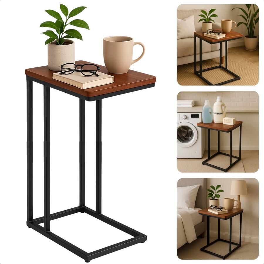 Cheqo Bijzettafel Bedtafel Laptoptafel Banktafel Bijzettafeltje Salontafel Bijzet Tafel Metaal Marmeren MDF Tafelblad Kleine Moderne Tafel Bruin