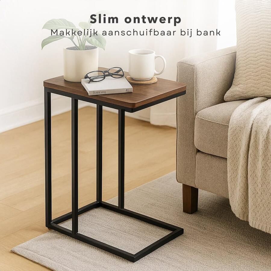 Cheqo Bijzettafel Metaal En Hout Banktafeltje Zwart Metalen Frame Bruin MDF Tafelblad Makkelijk Aan De Bank Te Schuiven Tafeltje Industrieel Design Bijzettafel Zwart En Bruin Bijzettafel Woonkamer Bijzettafel Modern