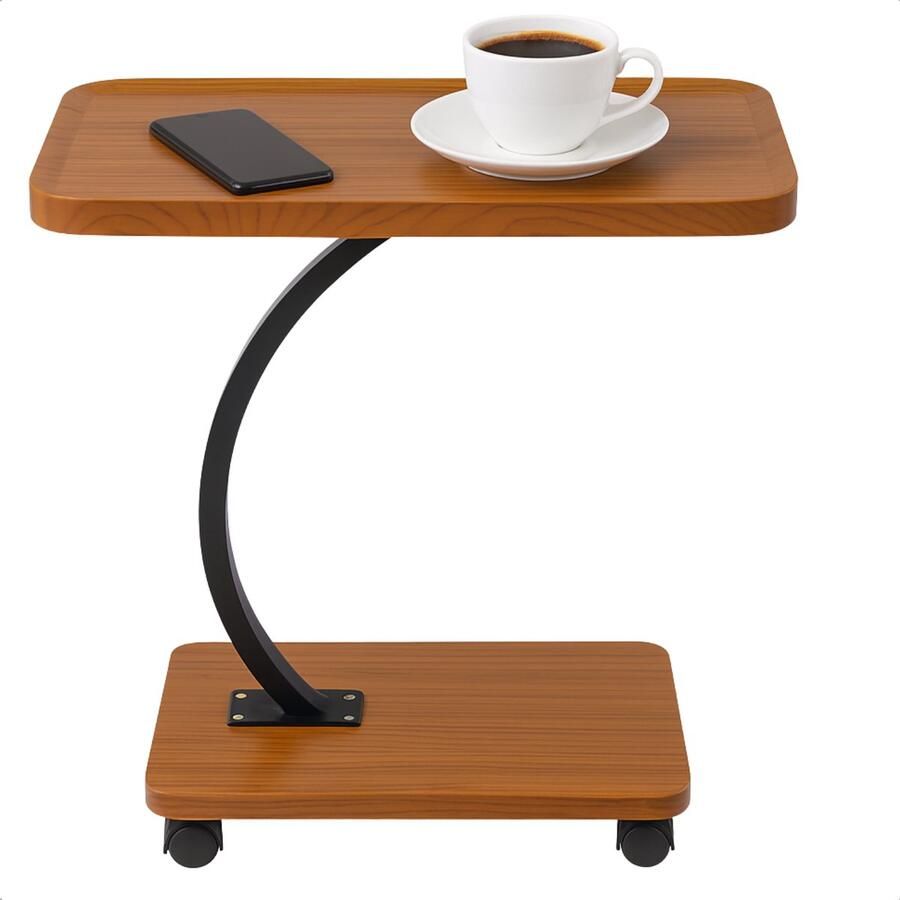 Cheqo Bijzettafel Op Wieltjes Moderne Bijzettafel C Vorm Zwart Frame Vintage Bruin Blad MDF En Metaal Zwenkwielen Zonder Wieltjes Opstaande Rand Bijzettafel Woonkamer Bijzettafel Industrieel Bijzettafel Bank