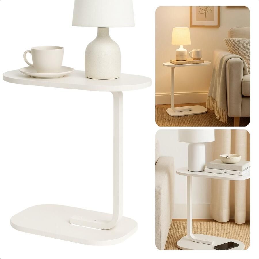Cheqo Bijzettafel Wit Banktafel Metaal Bijzet Tafel Mdf Blad C-Vormig Ontwerp Compact Formaat Wit Onderstel Metaal Frame Lichte Bijzettafel Sidetable Tafeltje Bedtafel Modern Design Geschikt Voor Woonkamer