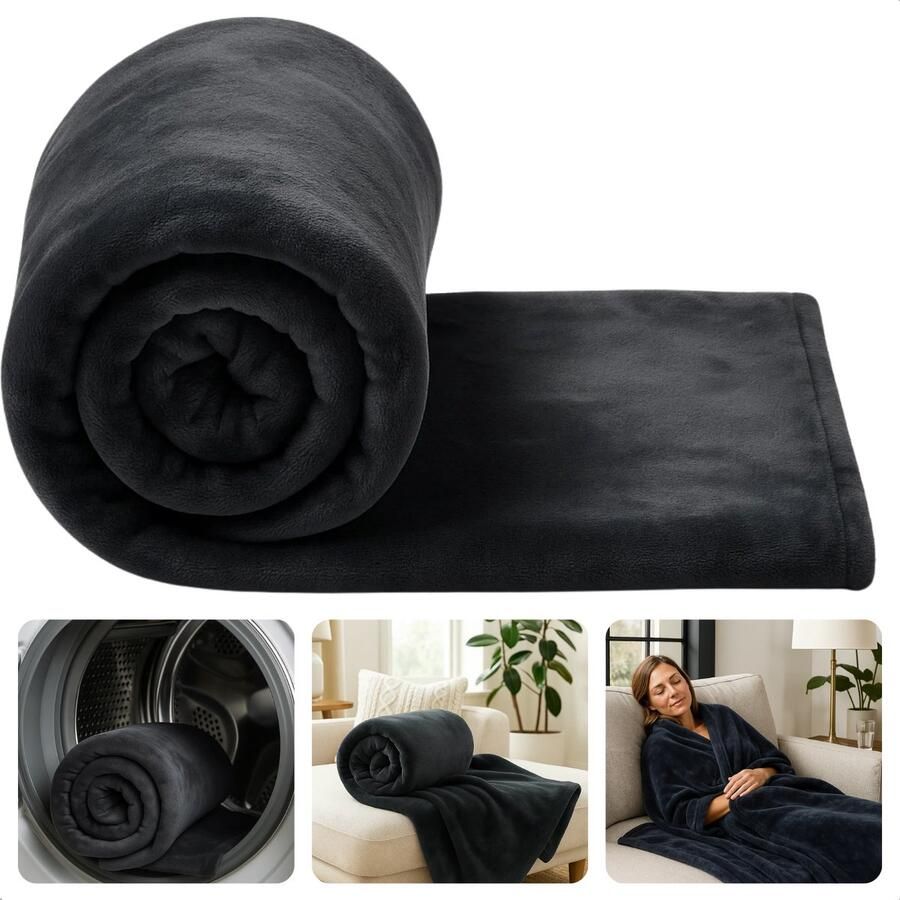 Cheqo Fleece Deken Plaid Fleece Superzachte Deken 150 x 200 cm Zwart Hoogwaardig Polyester Wasmachine Wasbaar Elegante Kleur Veelzijdig Gebruik Duurzame Fleece Zacht Dekentje Bank Of Bed Warme Deken Wintermaanden
