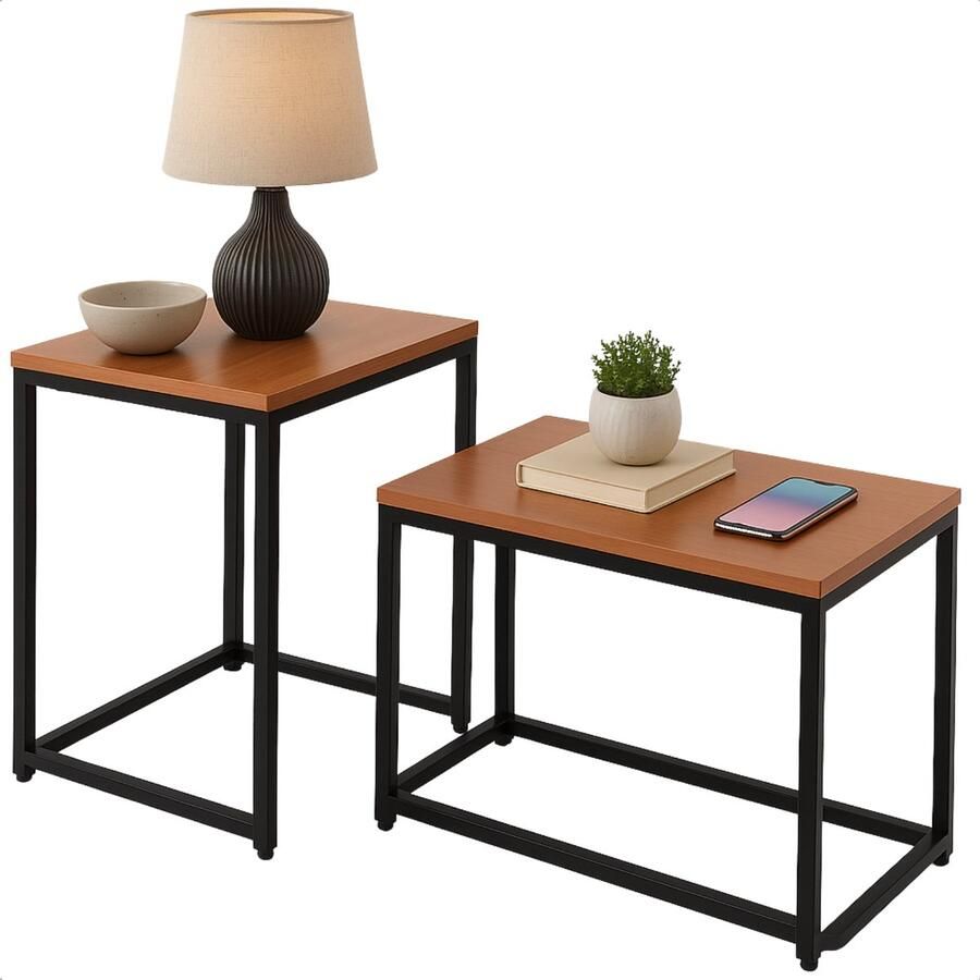 Cheqo Industriële Bijzettafels Set Bijzettafel Set Bijzet Tafel Salontafel Industrieel Verstelbaar & In Elkaar Schuifbaar MDF & Metaal