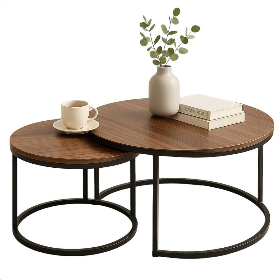 Cheqo Industriële Bijzettafels Set van 2 Koffietafel Bijzet Tafel Set Tafelset Salontafel Set Modern Design MDF Tafelblad Metaal Frame