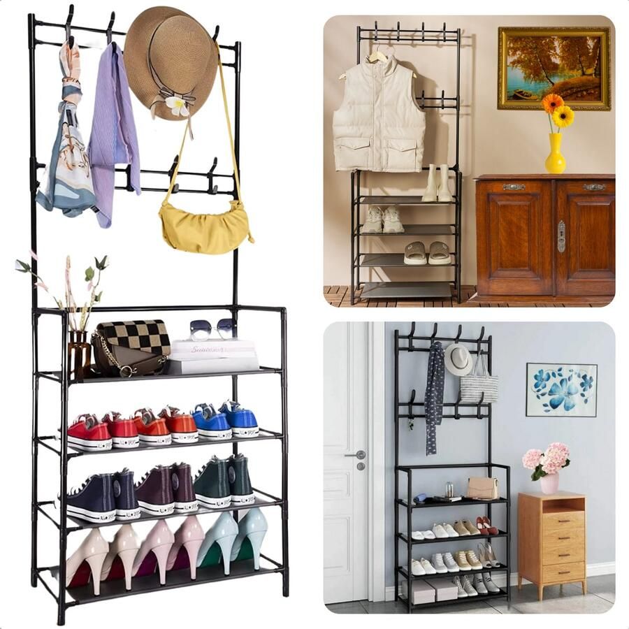 Cheqo Industriële Kapstok Met Schoenenrek Metalen Frame Staande kapstok Garderoberek Schoenenrek Opbergrek Inclusief EBOOK
