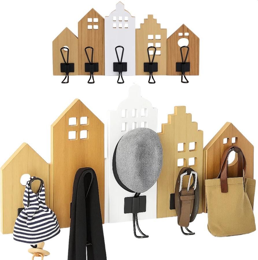 Cheqo Kapstok Met Huisjes Wandkapstok Kapstok Met Haken Decoratieve Kapstok Huisjes Design Kapstok Voor Hal Kapstok Voor Kinderkamer Moderne Kapstok Compacte Kapstok Jas Ophangen Garderobe