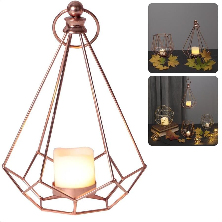 Cheqo Koperkleurige Lantaarn Tafellamp Kaarsenhouder met LED Kaars Sfeerverlichting Binnen Decoratief