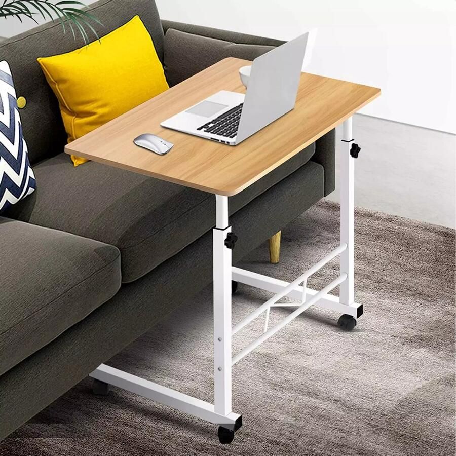 Laptoptafel Verrijdbare Bedtafel Banktafel Bureau Bijzettafel Hoogte Verstelbaar 60-80 cm Walnoot Tafelblad Metalen Frame Inclusief EBOOK