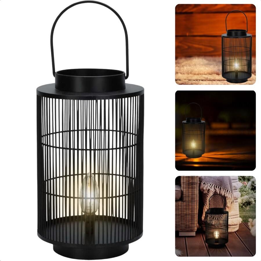 Cheqo LED Lantaarn Tuin Lantaarn Tafellamp Zwart Metaal 30 cm Voor Tuin en Terras Tentlamp Werkt op Batterij Inclusief EBOOK