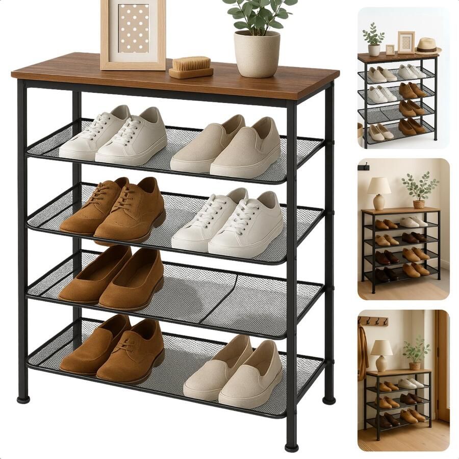 Cheqo Luxe Schoenenrek met Tafelblad Schoenenkast Opbergen van Schoenen Hout Metaal Verstelbare Poten Zwart