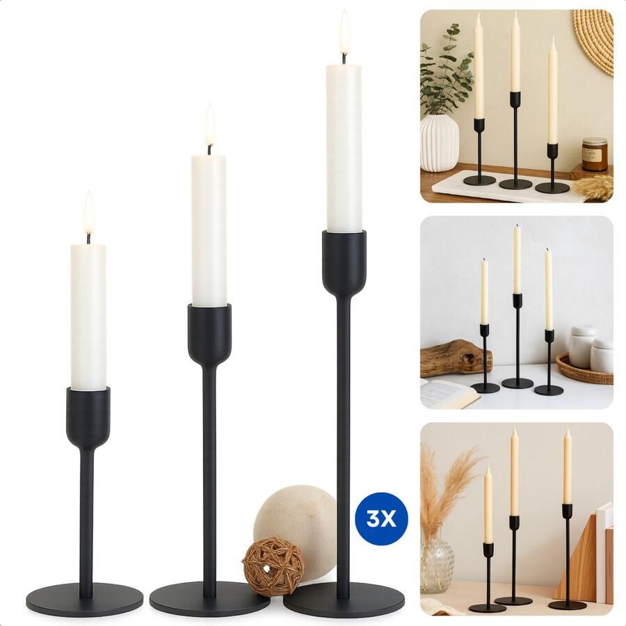 Cheqo Metalen Kaarsenhouder Set van 3 – Zwarte Kaarsenhouders in Industriële Stijl – Woondecoratie voor Salontafel Eetkamertafel of Bijzettafeltje – Tijdloos Design – Geschikt voor Dinerkaarsen – Kandelaar Modern