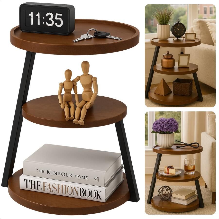 Cheqo Moderne Bijzettafel Bijzet Tafel Bruin Bijzettafeltje Zwart Metalen Frame MDF Plateau Opstaande Rand Stelpootjes Ronde Bijzettafel Industriële Stijl Woonkamer Tafel Compacte Bijzettafel