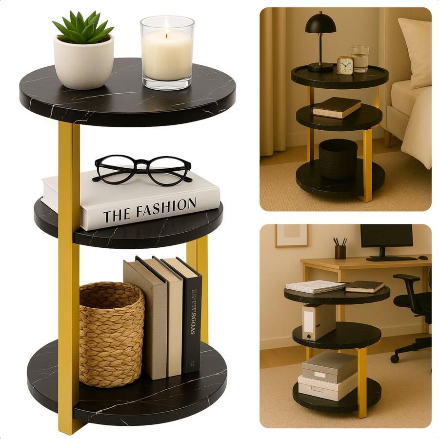 Cheqo Moderne Bijzettafel Bijzet Tafel Zwart Goud Goudkleurig Metalen Frame MDF Plateau Zwart Gemarmerd Ronde Bijzettafel Stijlvolle Bijzettafel Woonkamer Luxe Design Moderne Uitstraling Compacte Bijzettafel