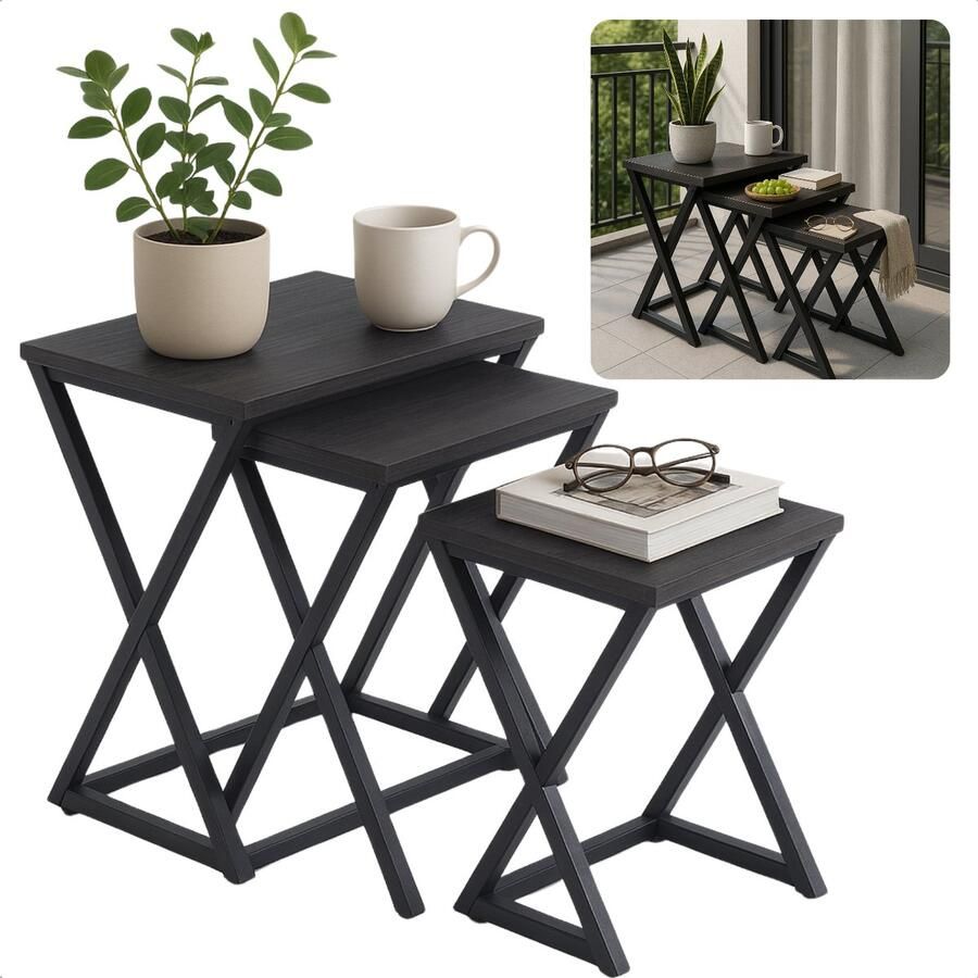 Cheqo Moderne Bijzettafels Set Salontafel Set Tafelset Bijzet Tafel Set Bijzettafel Zwart Metaal & MDF X Design 3 Stuks