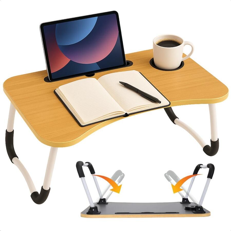 Cheqo Opklapbare Laptoptafel Ontbijt op Bed Tafel Bedtafel met Tablethouder Bank Tafeltje Banktafel Ontbijttafeltje Hout Bruin