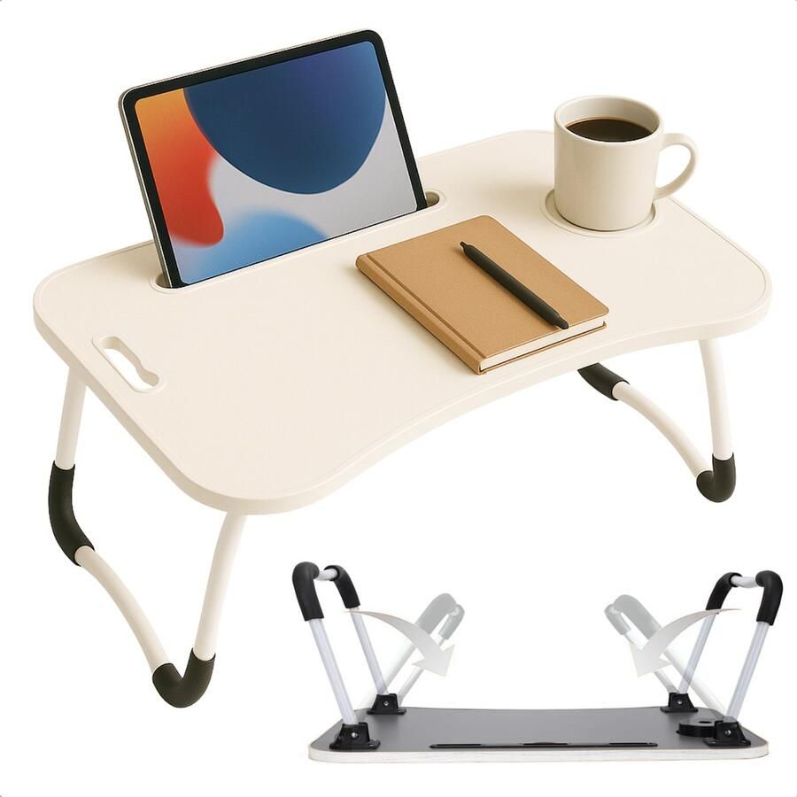 Cheqo Opklapbare Laptoptafel Ontbijt op Bed Tafel Bedtafel met Tablethouder Bank Tafeltje Banktafel Ontbijttafeltje Wit