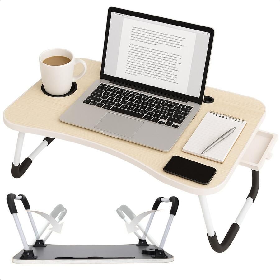 Cheqo Opklapbare Laptoptafel Ontbijt op Bed Tafel Bedtafel met Tablethouder Bank Tafeltje Banktafel Ontbijttafeltje Bruin