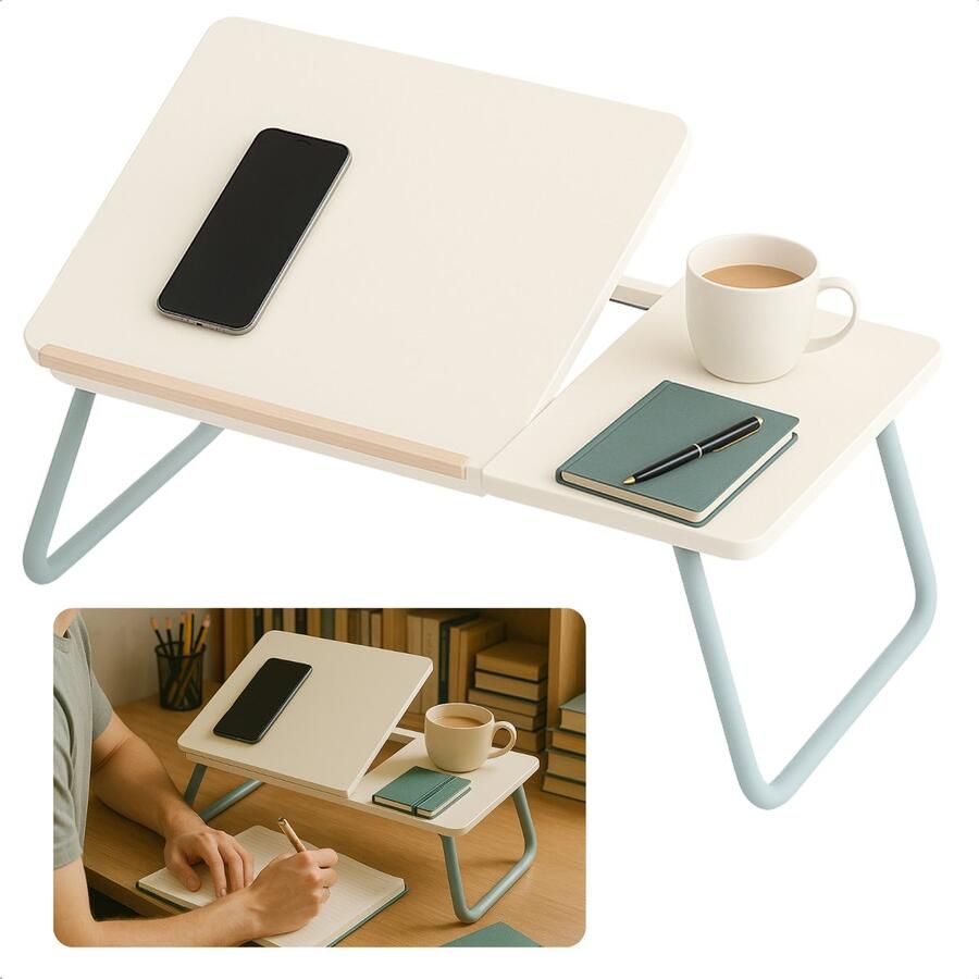 Cheqo Opklapbare Laptoptafel Ontbijt op Bed Tafel Bedtafel met Tablethouder Bank Tafeltje Ontbijttafeltje Banktafel Wit