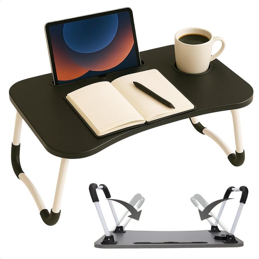 Cheqo Opklapbare Laptoptafel Ontbijt op Bed Tafel Bedtafel met Tablethouder Bank Tafeltje Ontbijttafeltje Banktafel Zwart