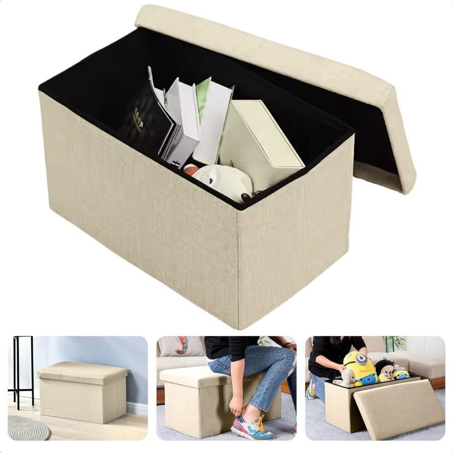 Cheqo Opvouwbare Poef Met Opbergruimte Beige Grote Opbergbox Organizer Voetenbankje Hocker MDF en Katoen Inclusief EBOOK