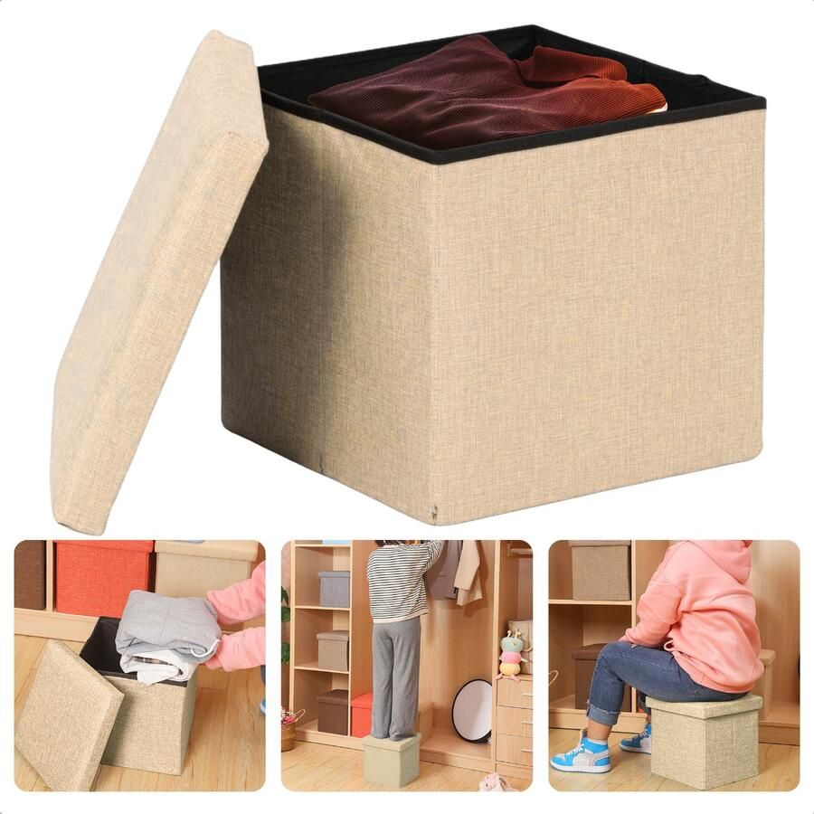 Cheqo Opvouwbare Poef Met Opbergruimte Beige Opbergbox Organizer Voetenbankje Hocker MDF en Katoen Inclusief EBOOK