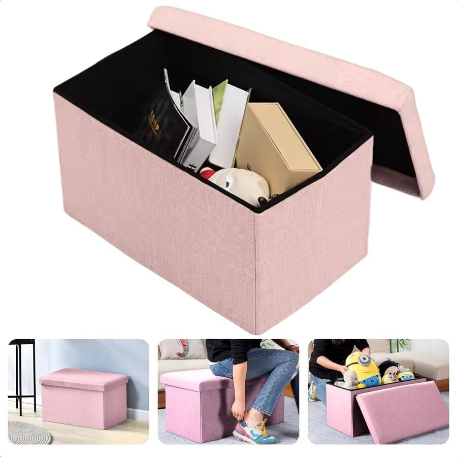 Cheqo Opvouwbare Poef Met Opbergruimte Roze Grote Opbergbox Organizer Voetenbankje Hocker MDF en Katoen Inclusief EBOOK