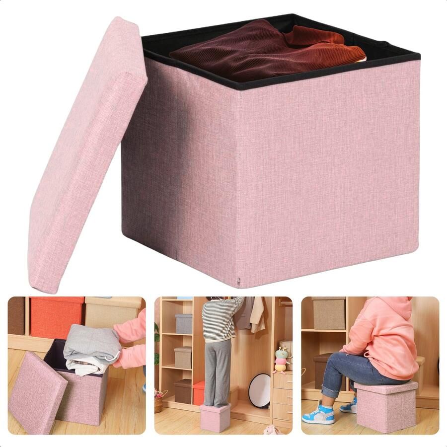 Cheqo Opvouwbare Poef Met Opbergruimte Roze Opbergbox Organizer Voetenbankje Hocker MDF en Katoen Inclusief EBOOK