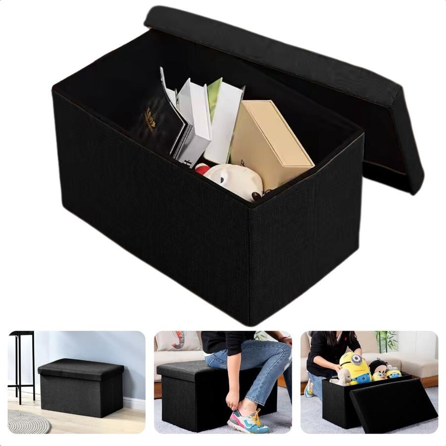 Cheqo Opvouwbare Poef Met Opbergruimte Zwart Grote Opbergbox Organizer Voetenbankje Hocker MDF en Katoen Inclusief EBOOK
